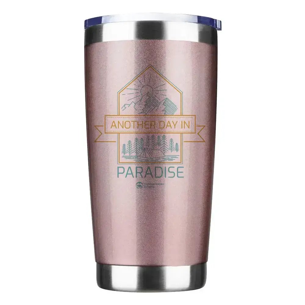 Camping Lines 2 20oz Insulated Vacuum Sealed Tumbler in stainless steel with UV-printed design, showcasing its double-walled insulation and splash-proof lid.